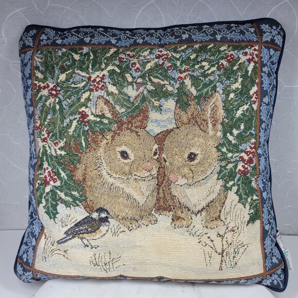 Riverdale Snow Bunnies Couple Tapestry Pillow 16" Square Floral Easter Cushion - Picture 1 of 16